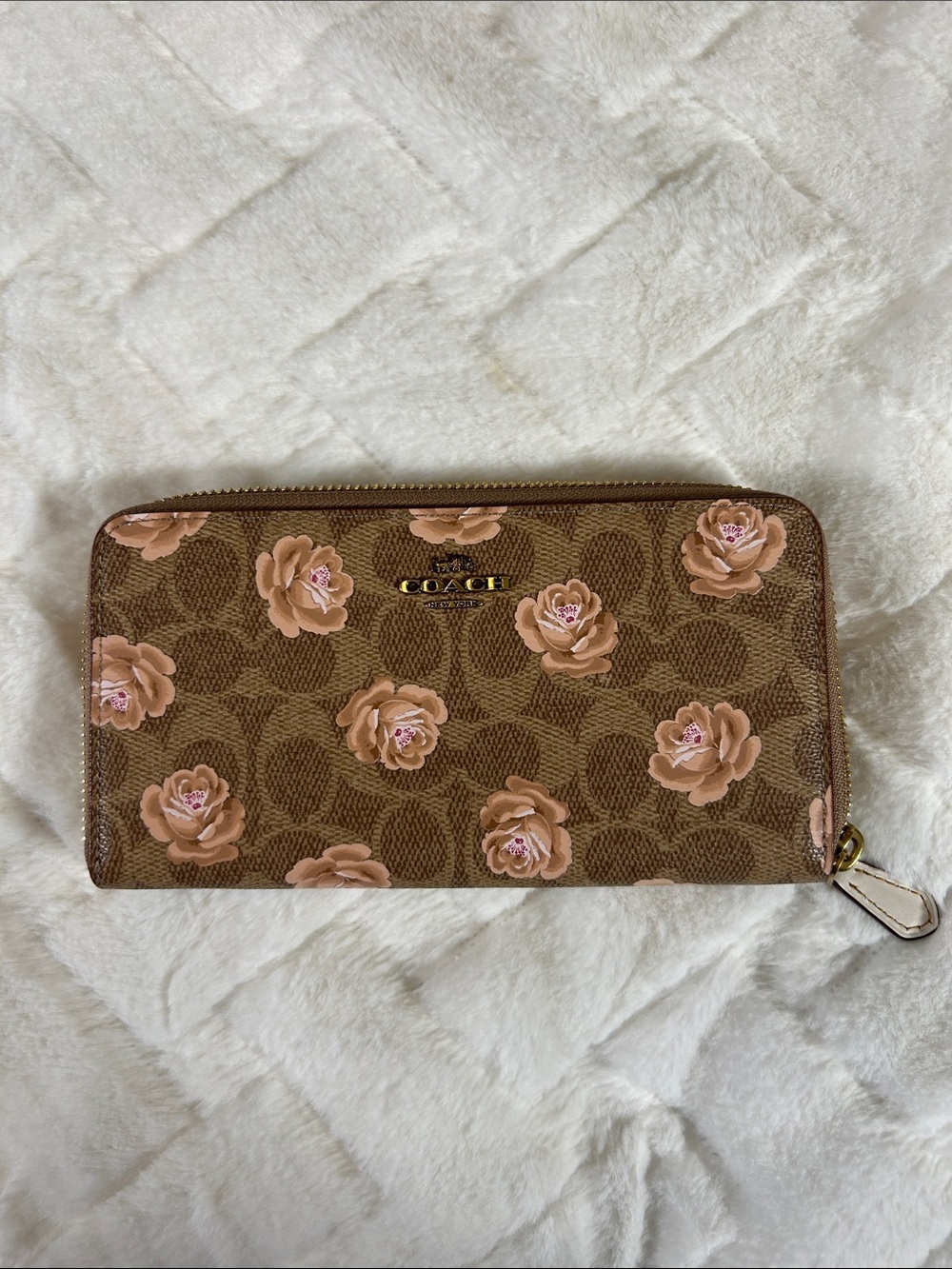 COACH Brown Signature Zip-Around Wallet with Pink Floral Accents